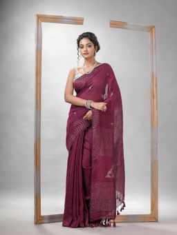 Angoshobha - Plum Purple Linen Sequin Work Handwoven Saree with Unstitched Blouse