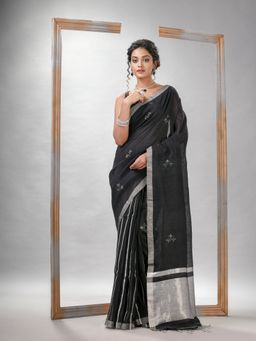 Angoshobha - Black Silk All Body Buti Pallu Silver Zari Handloom Saree with Unstitched Blouse