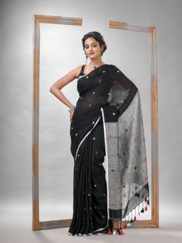 Angoshobha - Black Linen All Body Buti Pallu Grey Handloom Saree with Unstitched Blouse