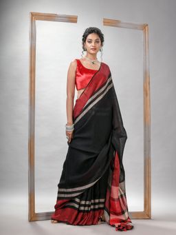 Angoshobha - Black with Multi-Color pallu handwoven linen Saree with Unstitched Blouse