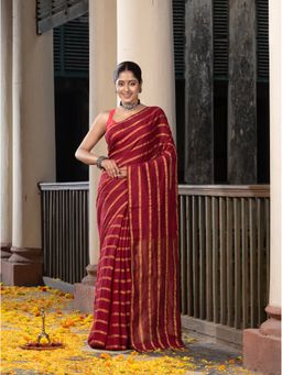 Angoshobha - Maroon Linen All Body Zari Stripe Handloom Saree with Unstitched Blouse