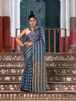Angoshobha - Violet Blue Linen All Body Zari Stripe Handloom Saree with Unstitched Blouse