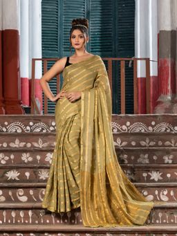 Angoshobha - Moss Green Linen All Body Zari Stripe Handloom Saree with Unstitched Blouse