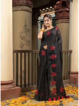 Angoshobha - Black Linen Red Deck Of Cards Design Handwoven Saree with Unstitched Blouse