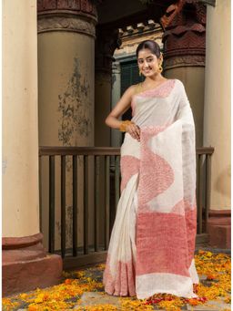 Angoshobha - White Linen Red Sequence Design Handloom Saree with Unstitched Blouse