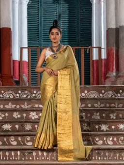 Angoshobha - Moss Green Linen Traditional Handloom Saree with Unstitched Blouse