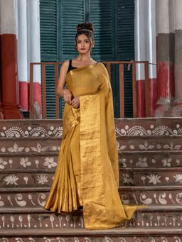 Angoshobha - Gold Linen Traditional Handloom Saree with Unstitched Blouse