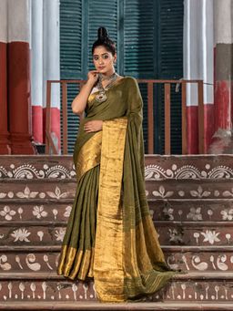 Angoshobha - Dark Army Green Linen Traditional Handloom Saree with Unstitched Blouse