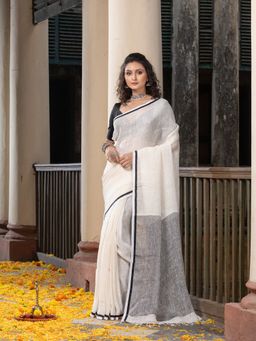 Angoshobha - White Twill Weaving Black Pallu Border Handwoven Linen Saree with Unstitched Blouse
