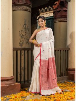 Angoshobha - White Linen All Body Buti Red Pallu Handloom Saree with Unstitched Blouse