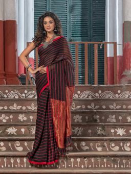Angoshobha - Black Linen All Body Red Stripe With Zari Pallu Handloom Saree with Unstitched Blouse