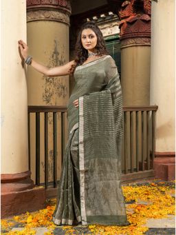Angoshobha - Pasta Green Linen All Body Check Handloom Saree with Unstitched Blouse