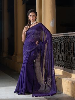 Angoshobha - Royal Blue Linen Sequin Work Handwoven Saree with Unstitched Blouse