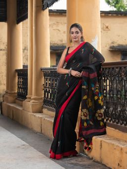 Angoshobha - Black Linen All Body Buti Flowers Motive Pallu Jamdani Saree with Unstitched Blouse