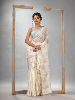 Angoshobha - Traditional White Matka Silk Sequin Soft Jamdani Saree with Unstitched Blouse