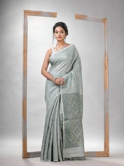 Angoshobha - Traditional Sage Green Matka Silk Sequin Soft Jamdani Saree with Unstitched Blouse