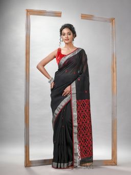 Angoshobha - Black Silk Linen All Body Buti Pallu Jacquard Saree with Unstitched Blouse