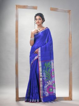 Angoshobha - Royal Blue Silk Matka Body Pallu Flowers Motive Soft Jamdani Saree with Unstitched Blouse