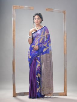 Angoshobha - Royal Blue Silk Matka All Body Motive Pallu Stripe Jamdani Saree with Unstitched Blouse