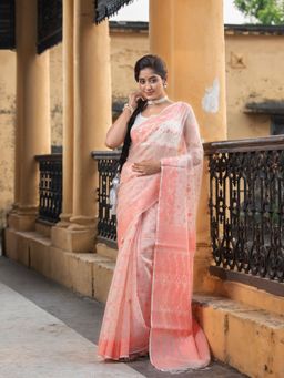 Angoshobha - Peach Silk Matka All Body Buti Pallu Jacquard Jamdani Saree with Unstitched Blouse