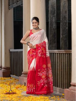 Angoshobha - White & Red Silk Matka Solid Body Handwoven Jamdani Saree with Unstitched Blouse