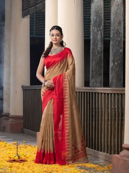 Angoshobha - Muga Silk Matka Body Red Temple Border Jacquard Jamdani Saree with Unstitched Blouse