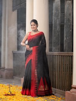 Angoshobha - Black Silk Matka Body Red Temple Border Jacquard Jamdani Saree with Unstitched Blouse