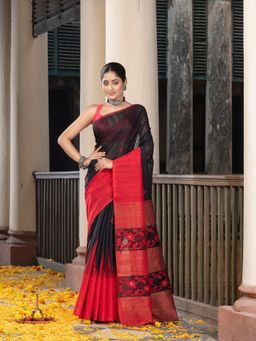 Angoshobha - Black Silk Matka Red Mahapar Border Pallu Jacquard Saree with Unstitched Blouse