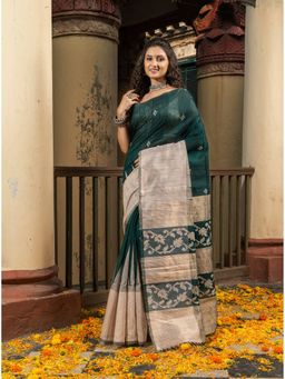 Angoshobha - Bottle Green Silk Matka Muga Mahapar Border Pallu Jacquard Saree with Unstitched Blouse