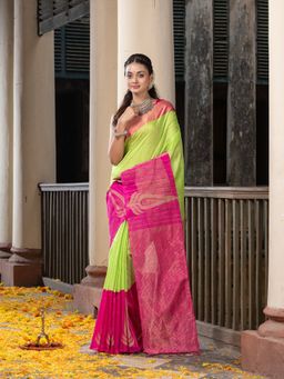 Angoshobha - Green Silk Matka Pink Mahapar Border Pallu Jacquard Saree with Unstitched Blouse