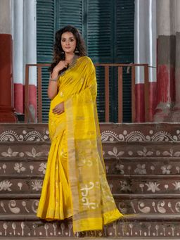 Angoshobha - Yellow Silk Matka Handwoven Jamdani Saree with Unstitched Blouse