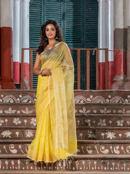 Angoshobha - Light Yellow Silk Matka Handwoven Jamdani Saree with Unstitched Blouse
