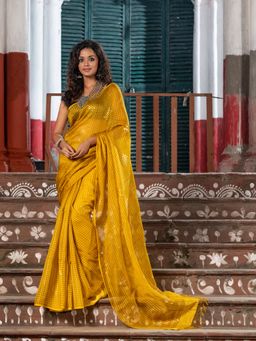 Angoshobha - Traditional Mustard Silk Sequin Soft Jamdani Saree with Unstitched Blouse