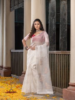 Angoshobha - Traditional White Silk Sequin Soft Jamdani Saree with Unstitched Blouse