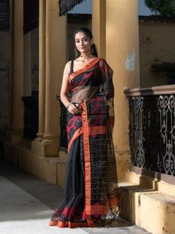 Angoshobha - Black Silk Sequence Traditional Handloom Saree with Unstitched Blouse