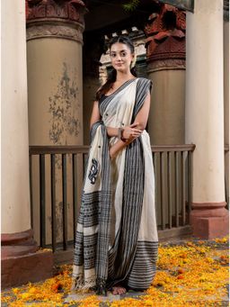 Angoshobha - White Tasar Silk Black Mahapar Jacquard Saree with Unstitched Blouse