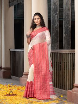 Angoshobha - White Tasar Silk Red Mahapar Jacquard Saree with Unstitched Blouse