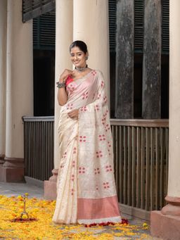 Angoshobha - White Tasar Silk All Body Red Handwoven Buti Jamdani Saree with Unstitched Blouse