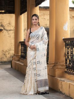 Angoshobha - White Tasar Silk All Body Black Handwoven Buti Jamdani Saree with Unstitched Blouse