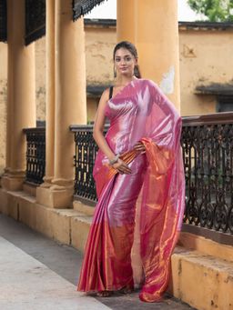 Angoshobha - Silver Pink & Gold Handloom Tissue Saree with Unstitched Blouse