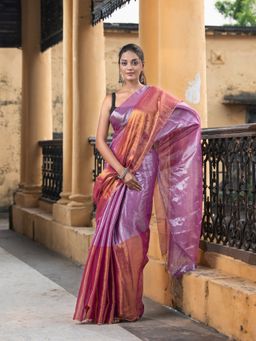 Angoshobha - Silver Magenta & Gold Handloom Tissue Saree with Unstitched Blouse