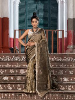 Angoshobha - Gold Linen All Body Check Handloom Saree with Unstitched Blouse