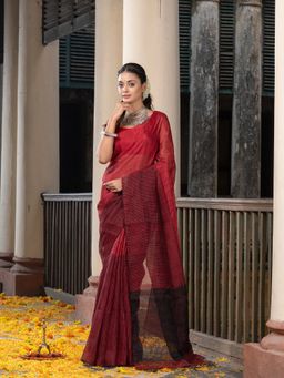 Angoshobha - Black & Red Tissue Linen Multi-Color Pallu Handwoven Saree with Unstitched Blouse