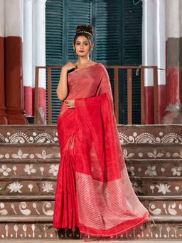Angoshobha - Red & Silver Tissue Linen Multi-Color Pallu Handwoven Saree with Unstitched Blouse