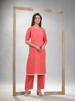 Angoshobha - Peach Pink Cotton Bengal Handwoven Kurta (Set of 2)