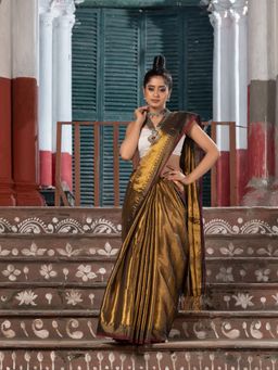 Angoshobha - Gold Tissue Pallu Stripe Handwoven Saree with Unstitched Blouse