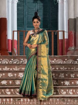 Angoshobha - Sea Green Tissue Pallu Stripe Handwoven Saree with Unstitched Blouse