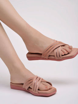 Shoetopia - Embellished Cross Strap Peach Sandals for Women