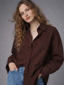 Lounge Dreams - Pure Cotton Poplin Coffee Brown Oversized Shirt