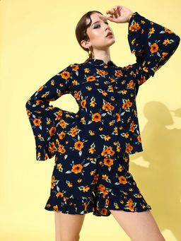 Style Quotient - Women Navy Blue & Orange Floral Printed Co-Ord (Set of 2)